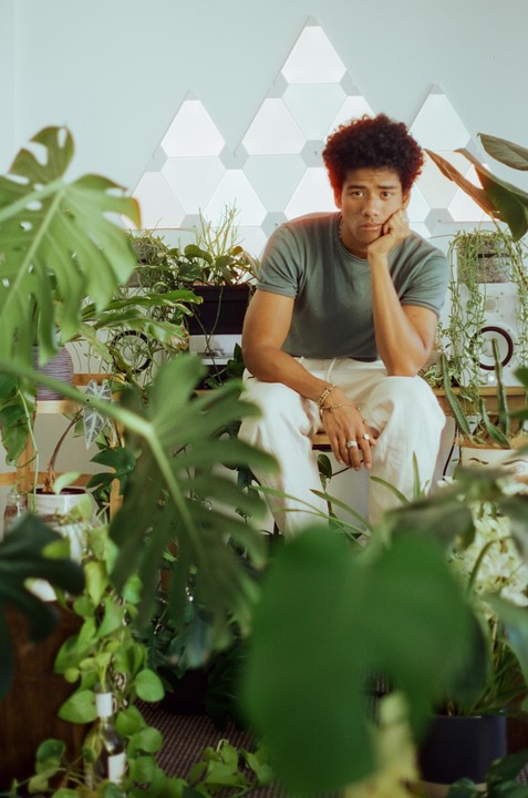 A man with curly hair sits surrounded by many plants, resting his chin on his hand.