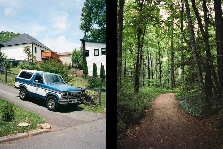 A diptych shows a blue and white truck parked on a paved driveway next to houses, and a dirt path winding through a dense forest.