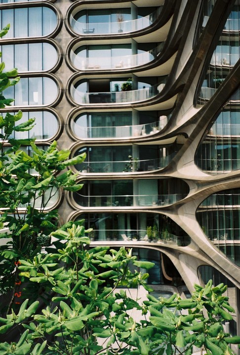 A modern building with curved balconies and windows is partially obscured by green foliage.