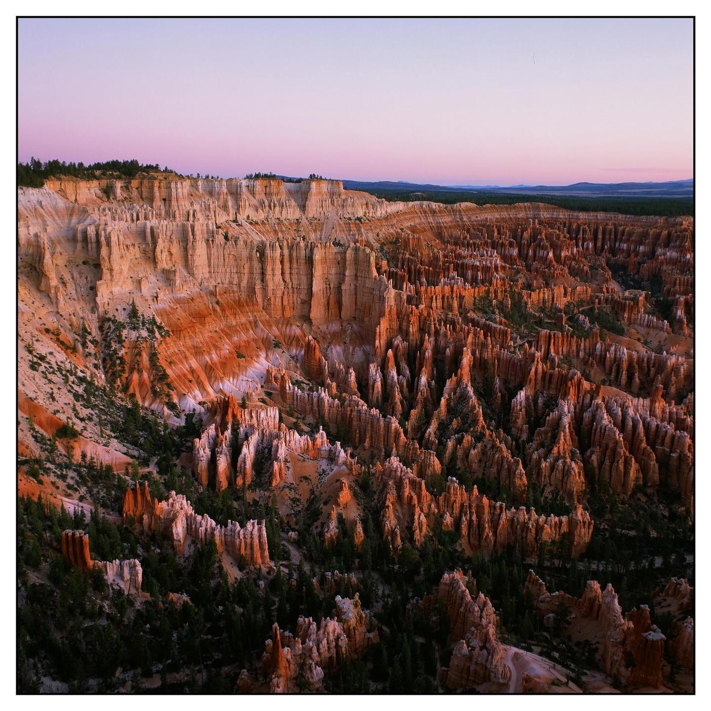 A vast canyon landscape with numerous hoodoos and rock formations is illuminated by the soft light of dusk.