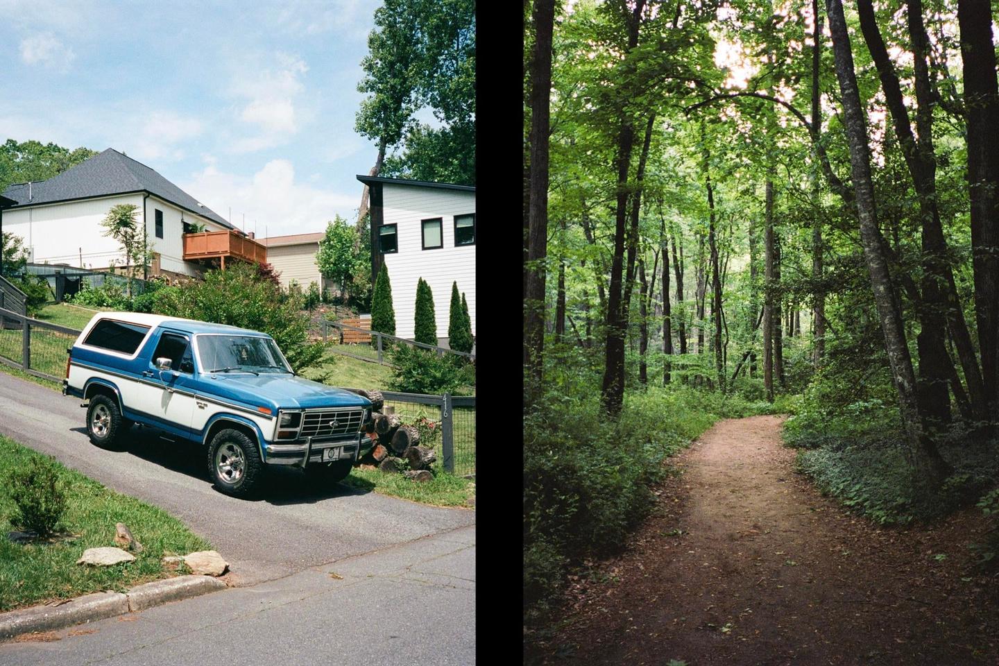 A diptych shows a blue and white truck parked on a paved driveway next to houses, and a dirt path winding through a dense forest.