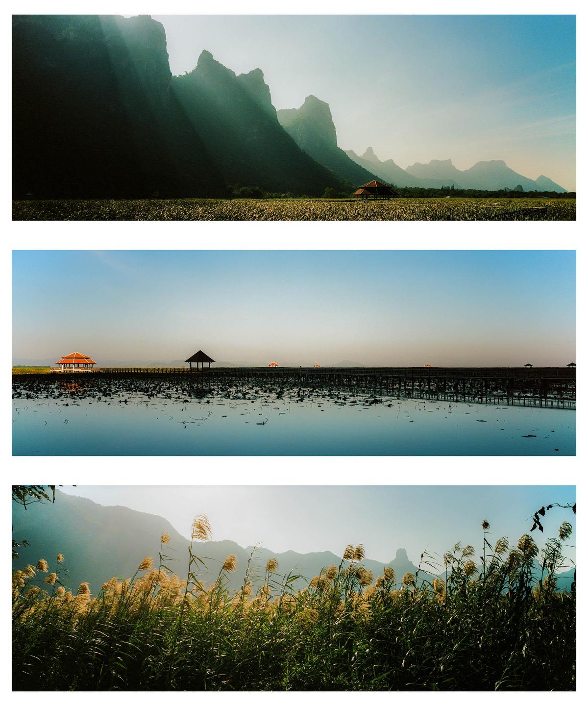 Three panoramic images show a mountainous landscape with a body of water and tall grasses.