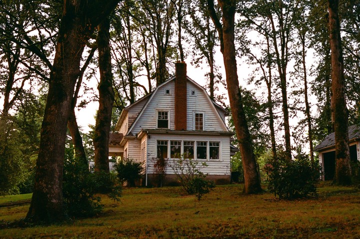 A white house with a red brick chimney stands among tall trees in a grassy yard.