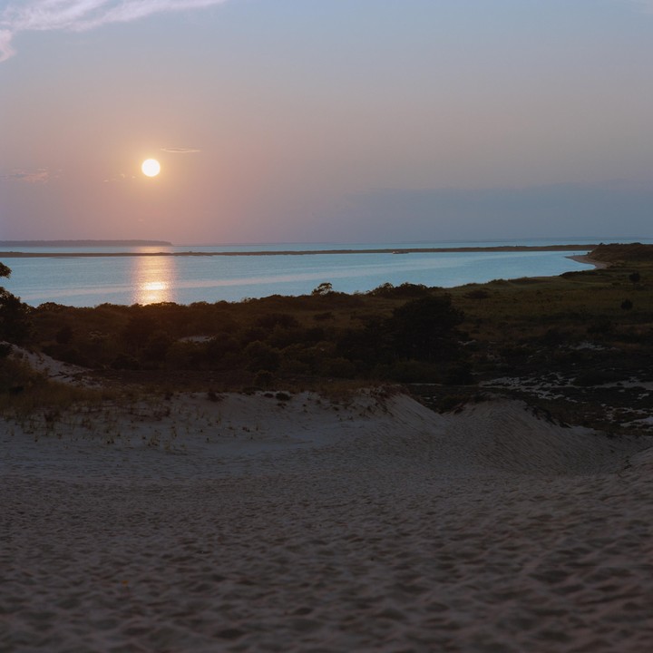 The sun sets over a body of water with sand dunes and vegetation in the foreground.