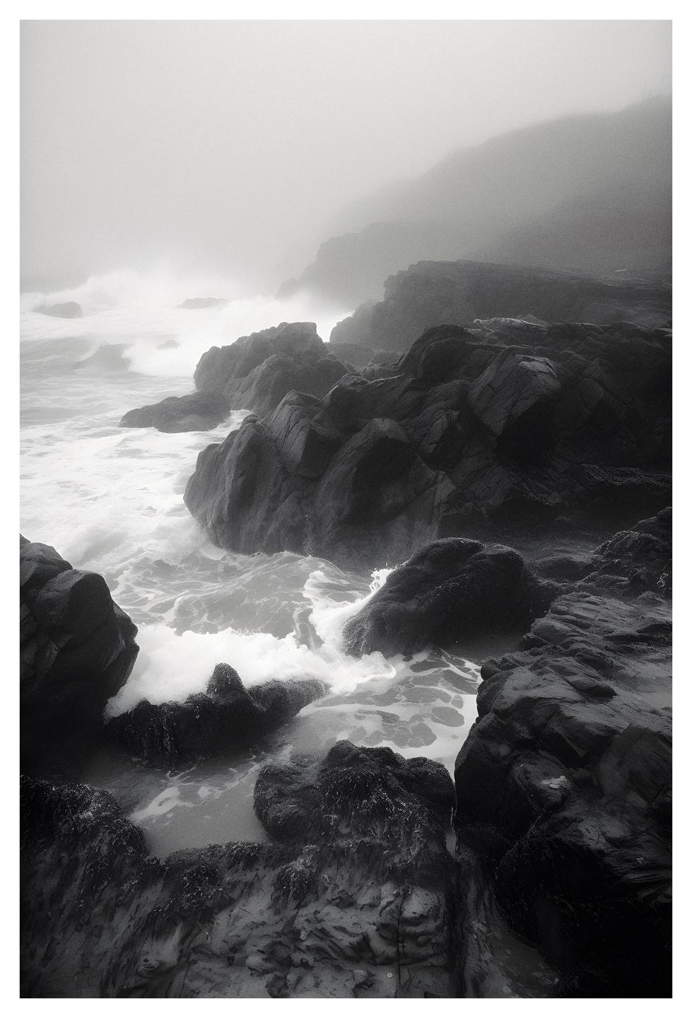 Waves crash against a rocky coastline shrouded in fog.