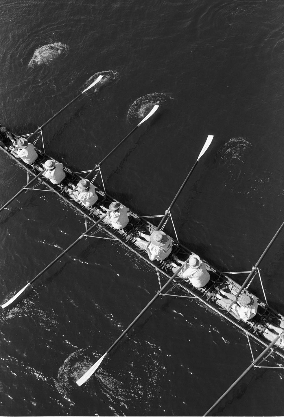 An aerial view shows a crew team rowing a long boat with oars dipping into the water.