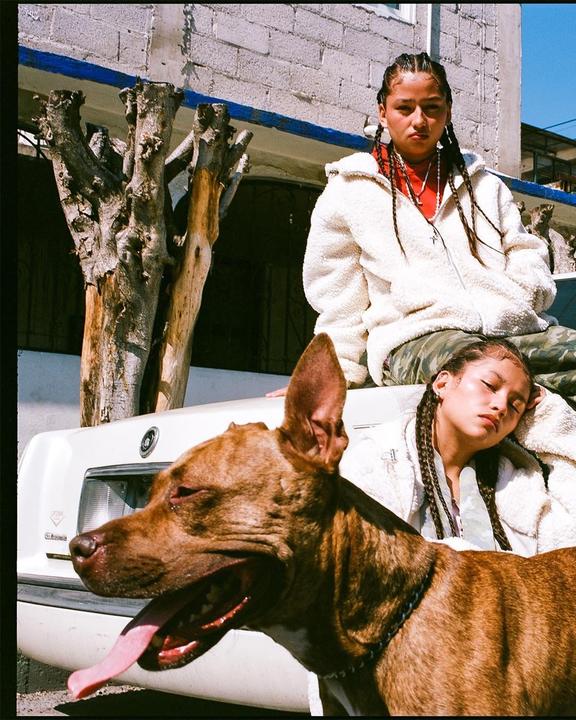Two girls and a dog are on top of a white car in front of a building.