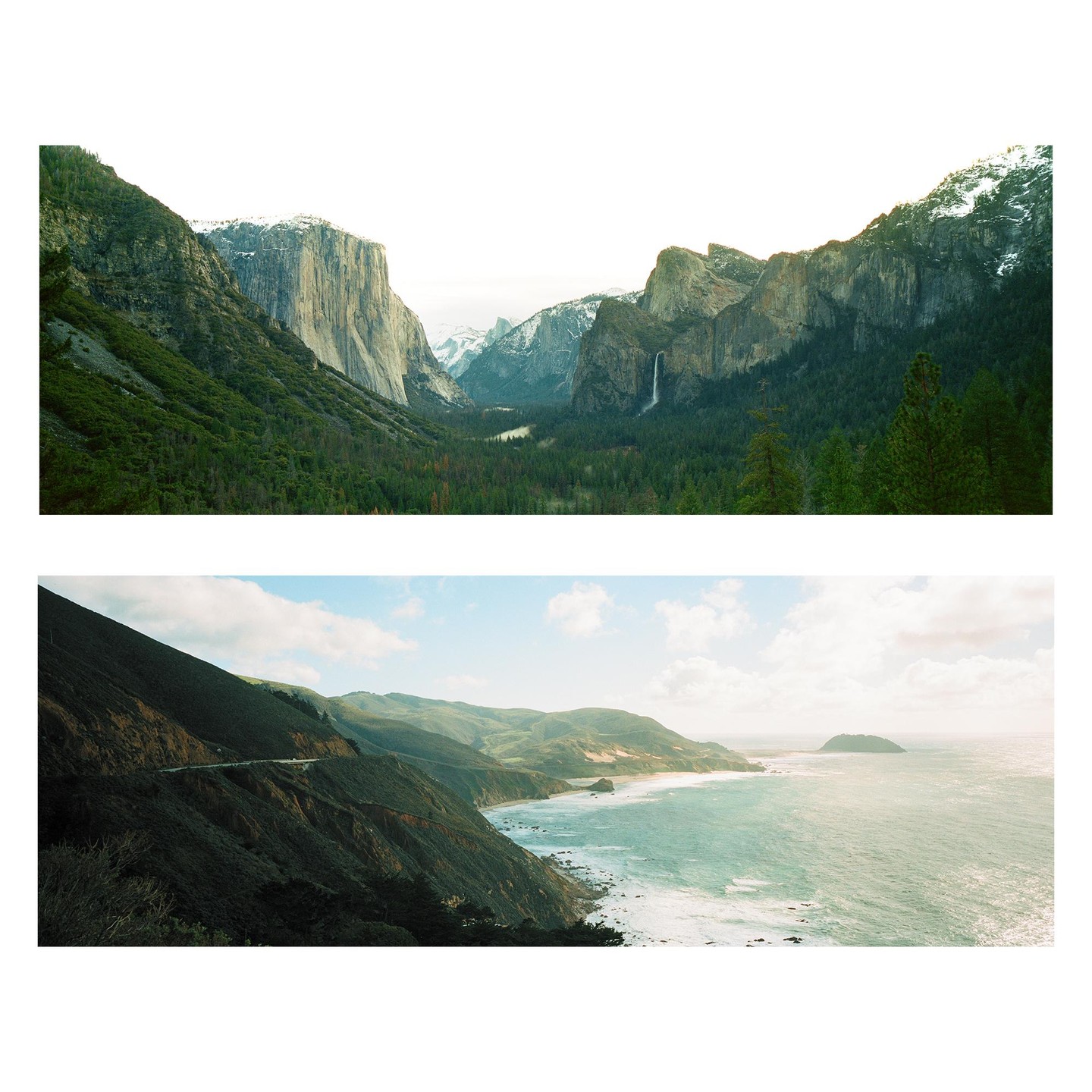 Two landscape photographs are presented side-by-side, with the top image showing a valley with mountains and a waterfall, and the bottom image depicting a coastal road winding along cliffs overlooking the ocean.