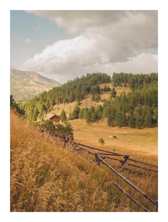 A wooden fence separates a field of tall grass from a valley with a house, trees, and two horses.
