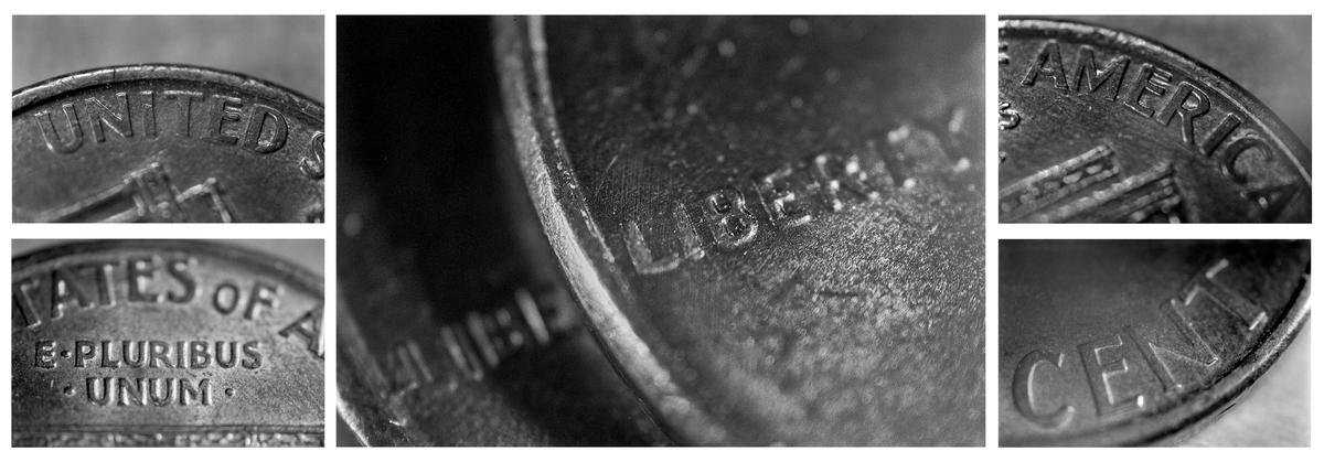A close-up of a penny shows the words "United States of America", "E Pluribus Unum", "Liberty", and "Cent".
