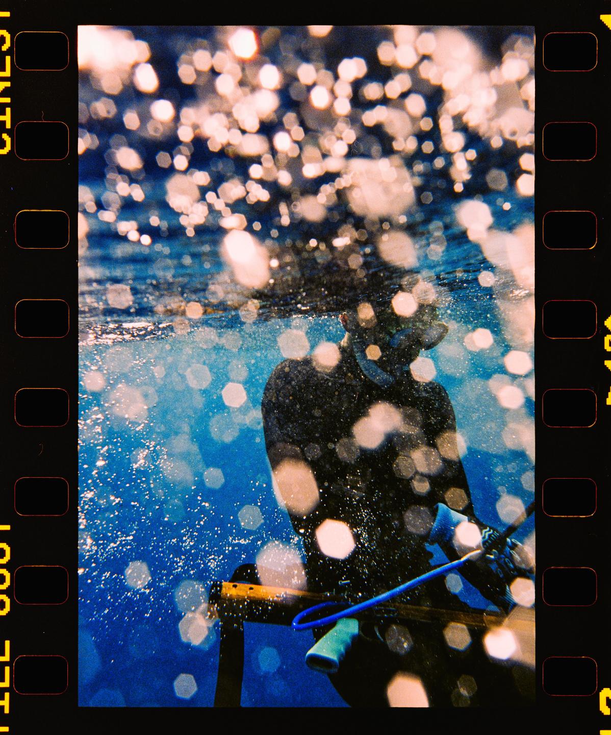 A person in a wetsuit and snorkel holds a speargun underwater, surrounded by bright bokeh.