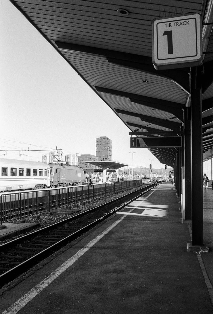 A train is stopped at a station platform with a sign for track 1.