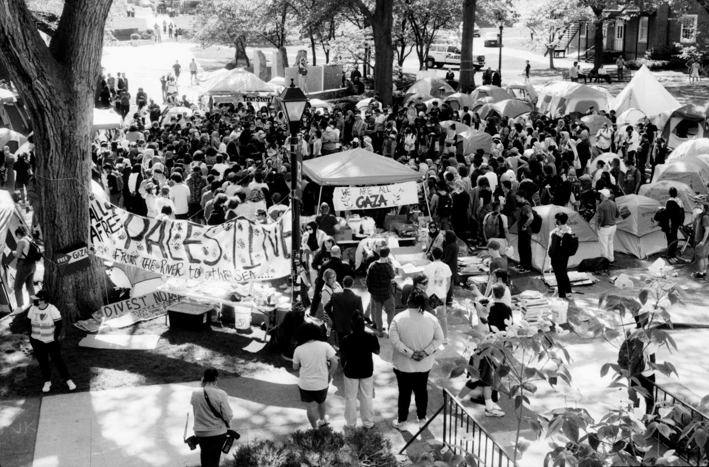 A large crowd of people are gathered around tents and banners on a sunny day.