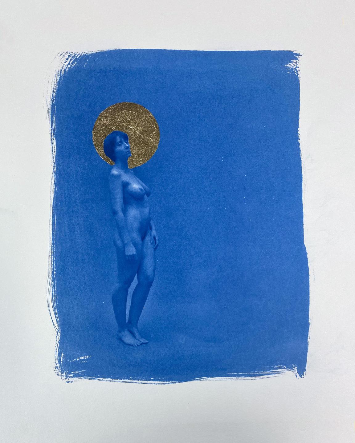 A nude woman with a gold halo stands against a blue background.