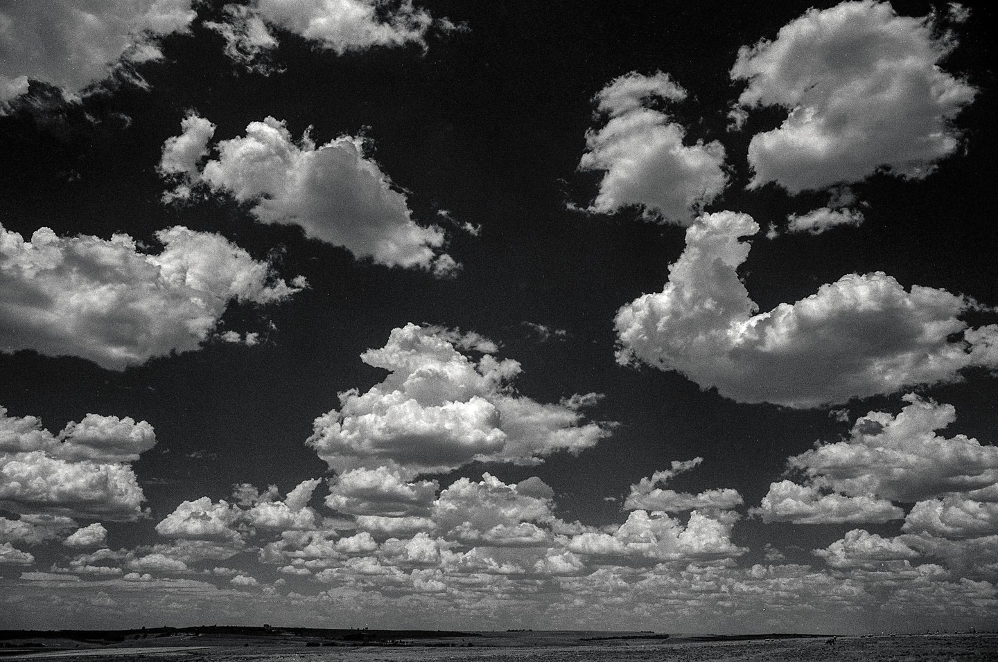 A wide shot shows a vast landscape under a sky filled with numerous cumulus clouds.