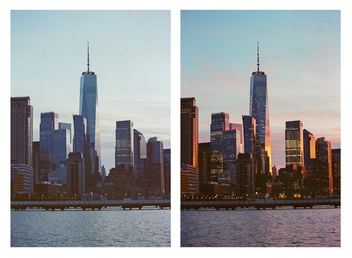 Two images show the New York City skyline with the One World Trade Center building, one at dusk and one at sunset, with a body of water in the foreground.