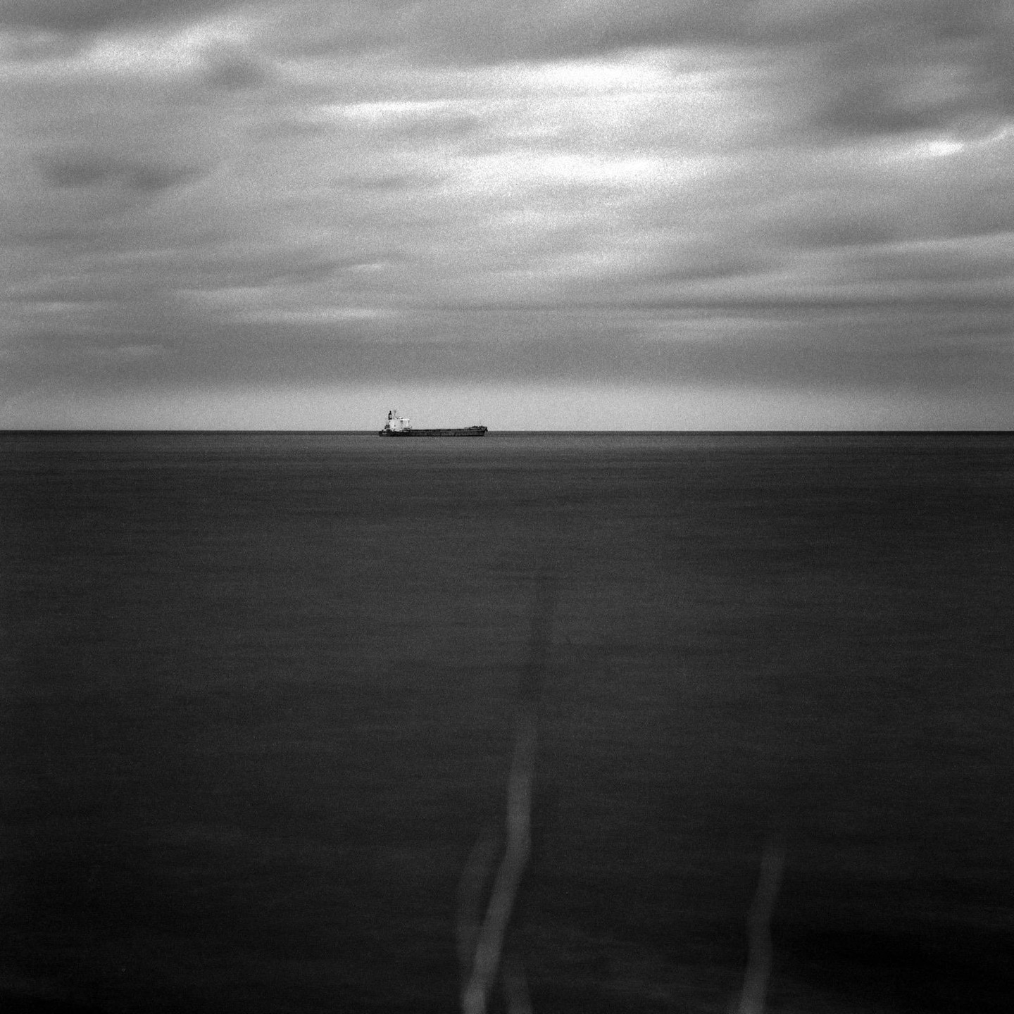 A cargo ship is visible on the horizon of a calm sea under a cloudy sky.