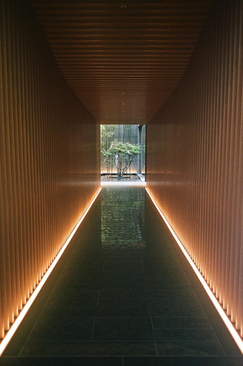 A long, narrow hallway with wooden slatted walls and illuminated strips on the floor leads to a small tree in a courtyard.