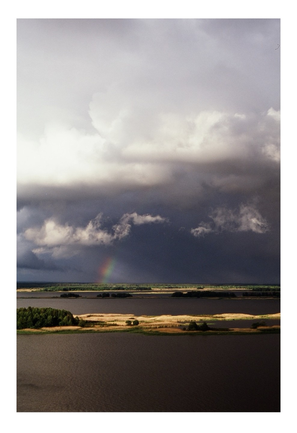 A rainbow appears over a body of water with islands of trees and reeds under a cloudy sky.