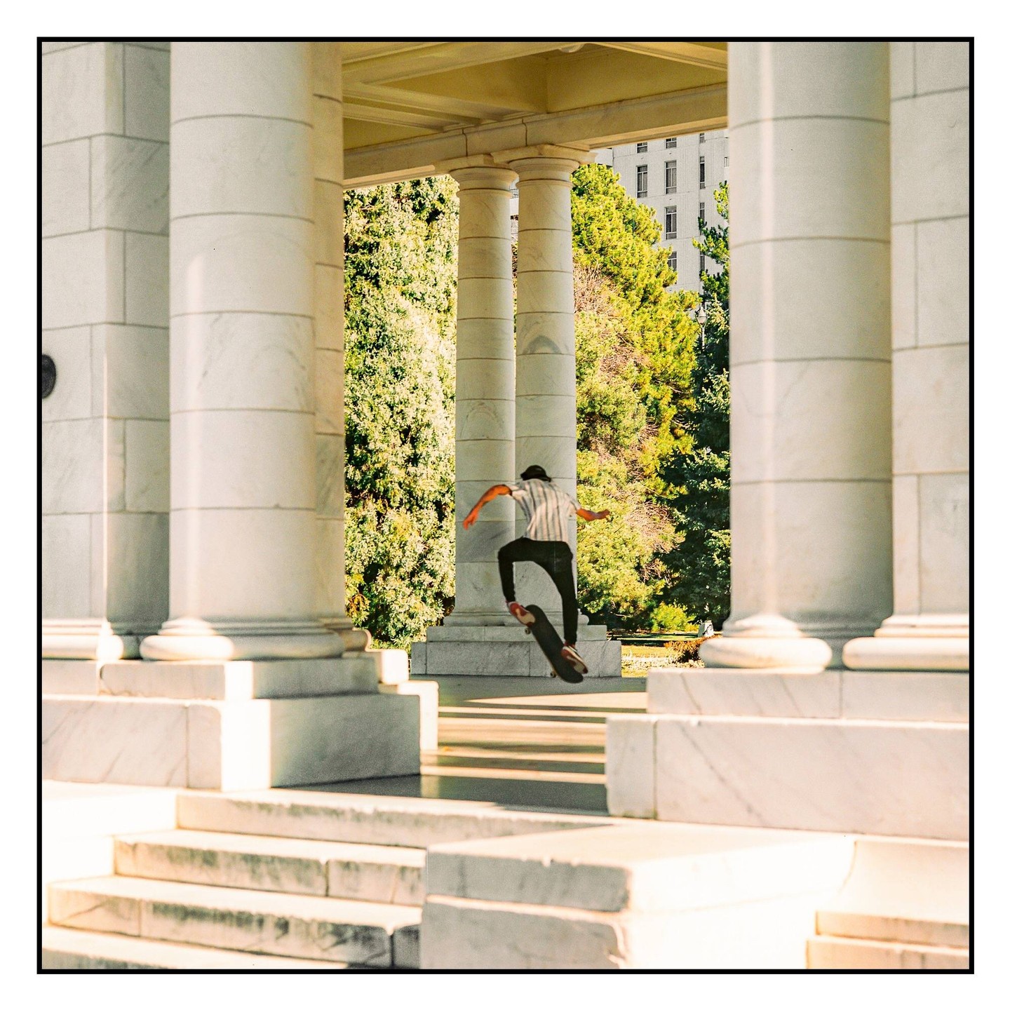A skateboarder performs an ollie trick between white marble columns with green trees and a building in the background.