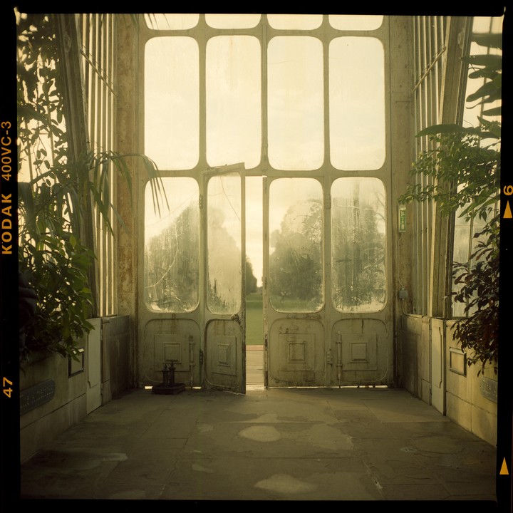 A greenhouse interior with large glass doors open to a garden.