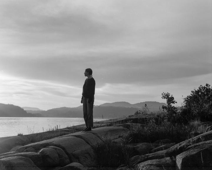 A woman stands on a rocky shore looking out at a body of water with mountains in the distance.