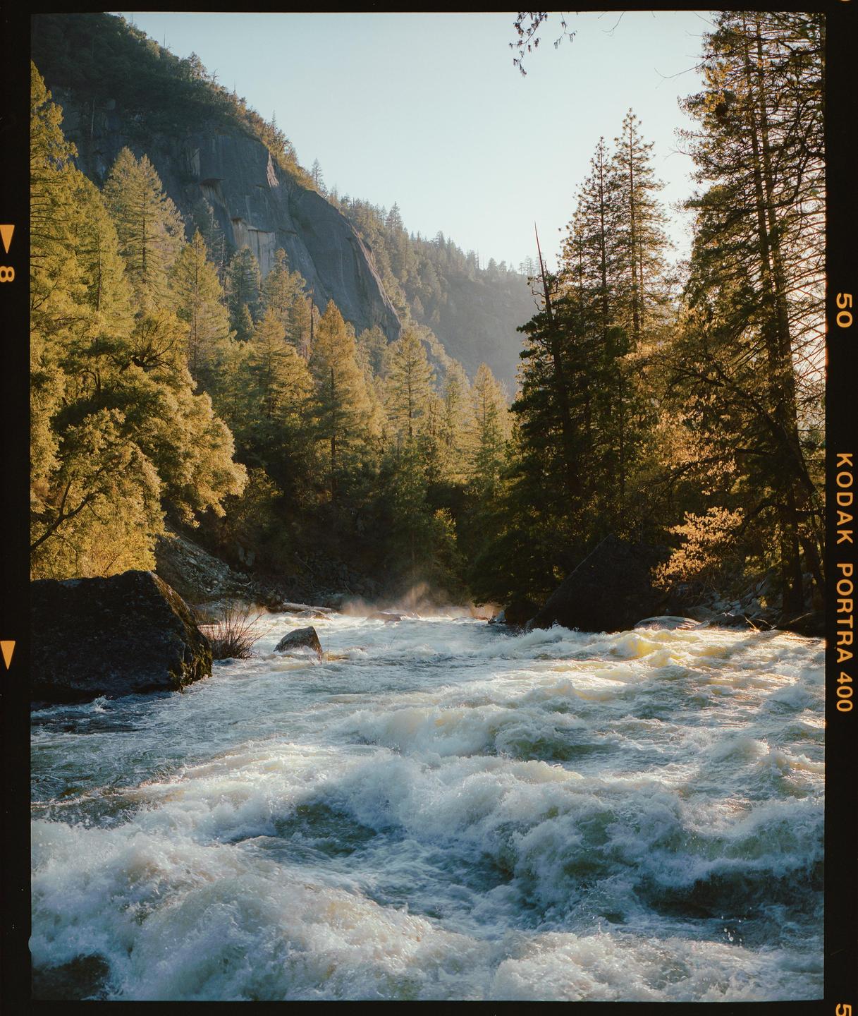 A river with rapids flows through a forest with a large rock face on the left.