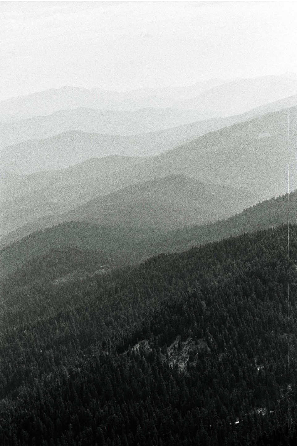 A hazy landscape shows layers of forested mountains receding into the distance.