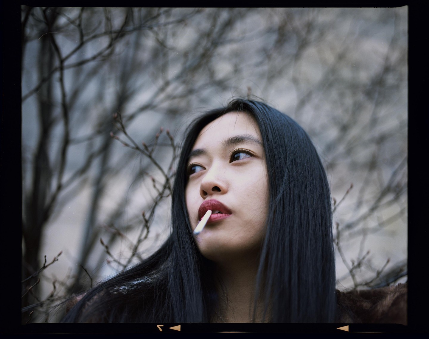 A woman with long dark hair and red lipstick looks up and to the right with a cigarette in her mouth, with bare tree branches in the background.