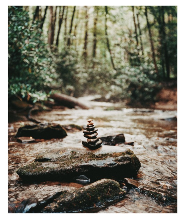 A stack of small stones sits on a larger mossy rock in a shallow stream, with a forest in the background.
