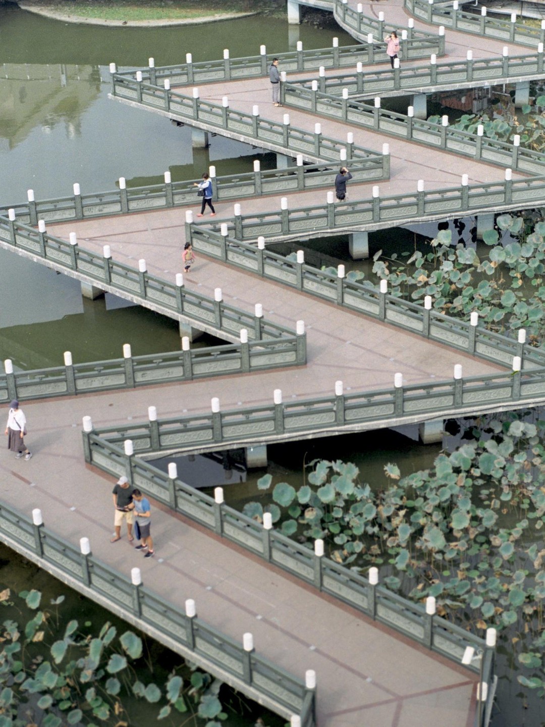 A high-angle view shows people walking on a zigzag bridge over water with lily pads.