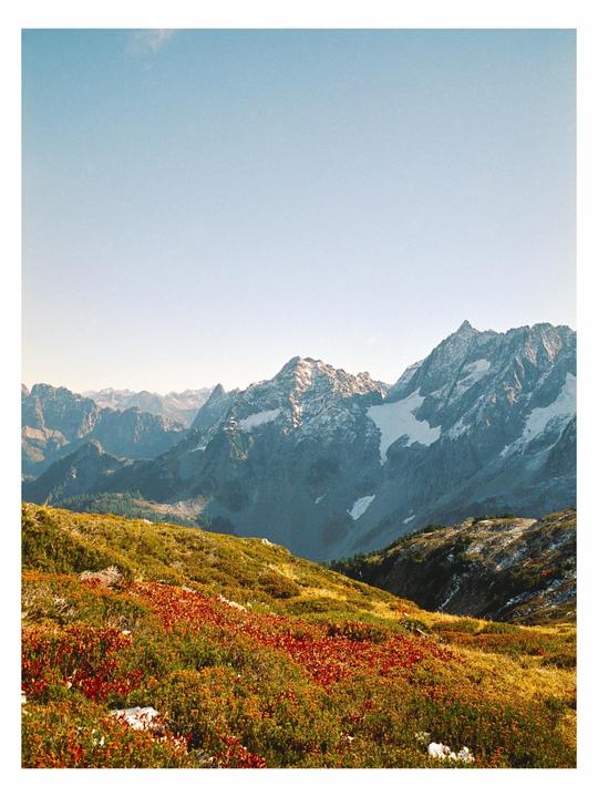 A mountain range with snow-capped peaks rises above a hillside covered in red and green foliage.