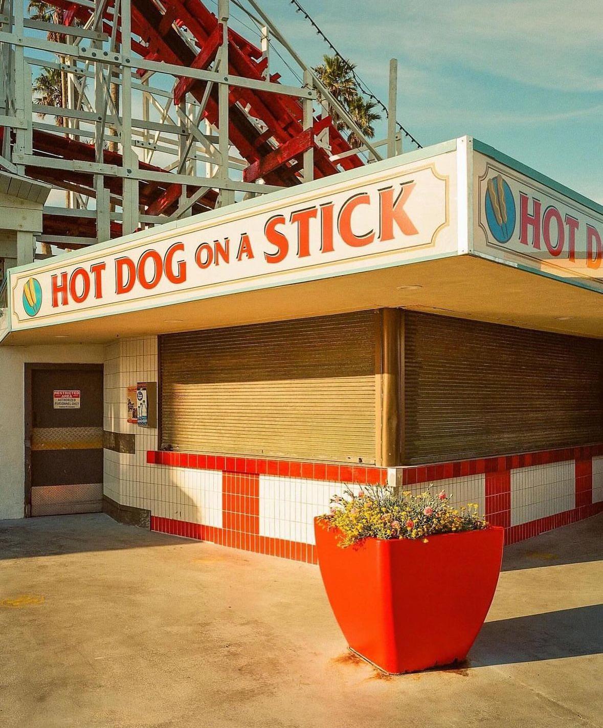 A closed Hot Dog on a Stick stand with a red planter in front of it is visible under a roller coaster.