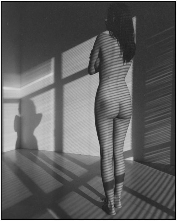 A nude woman stands with her back to the viewer, covered in shadows from window blinds.