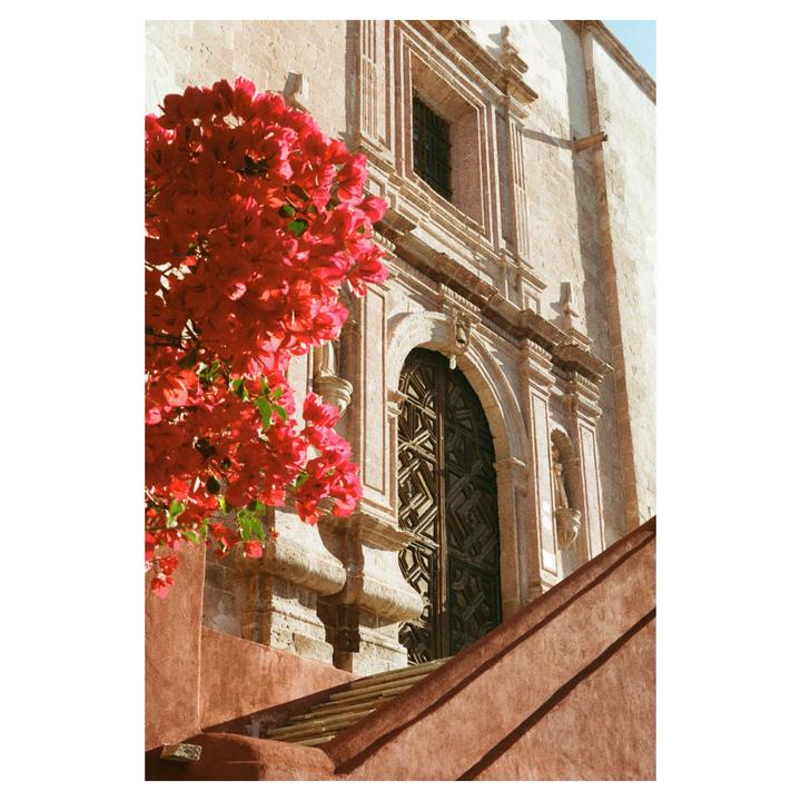 A vibrant red bougainvillea bush frames a stone building with an ornate wooden door and a staircase.