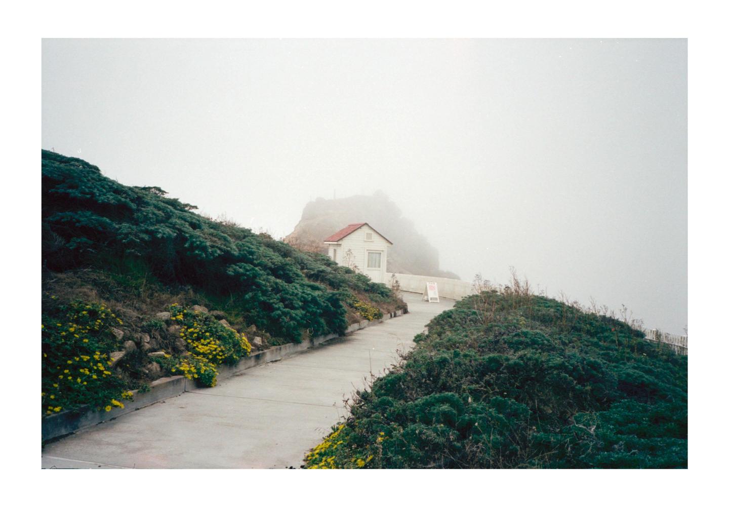 A small white house with a red roof sits on a hillside path surrounded by green bushes and yellow flowers, with a hazy sky in the background.