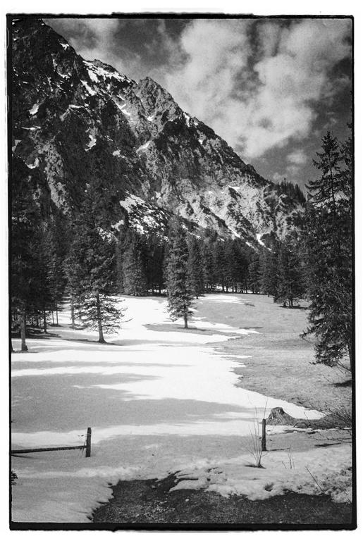 A snow-covered field with trees and a mountain in the background is visible under a cloudy sky.
