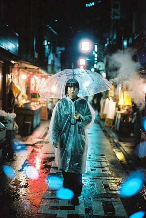 A woman in a clear raincoat holds a clear umbrella while standing on a wet street at night.