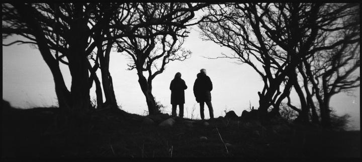 Two people stand silhouetted against a bright sky, framed by dark, bare trees.
