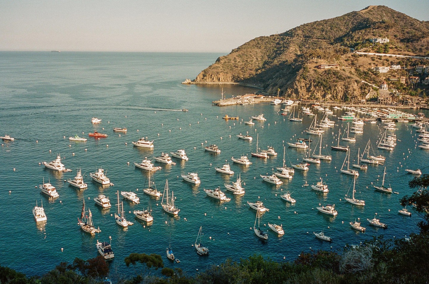 Numerous boats and yachts are moored in a bay next to a mountainous island with buildings on its slopes.