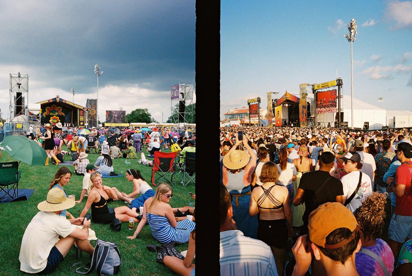 A split image shows a music festival crowd under a dark, cloudy sky on the left and a bright, clear sky on the right.
