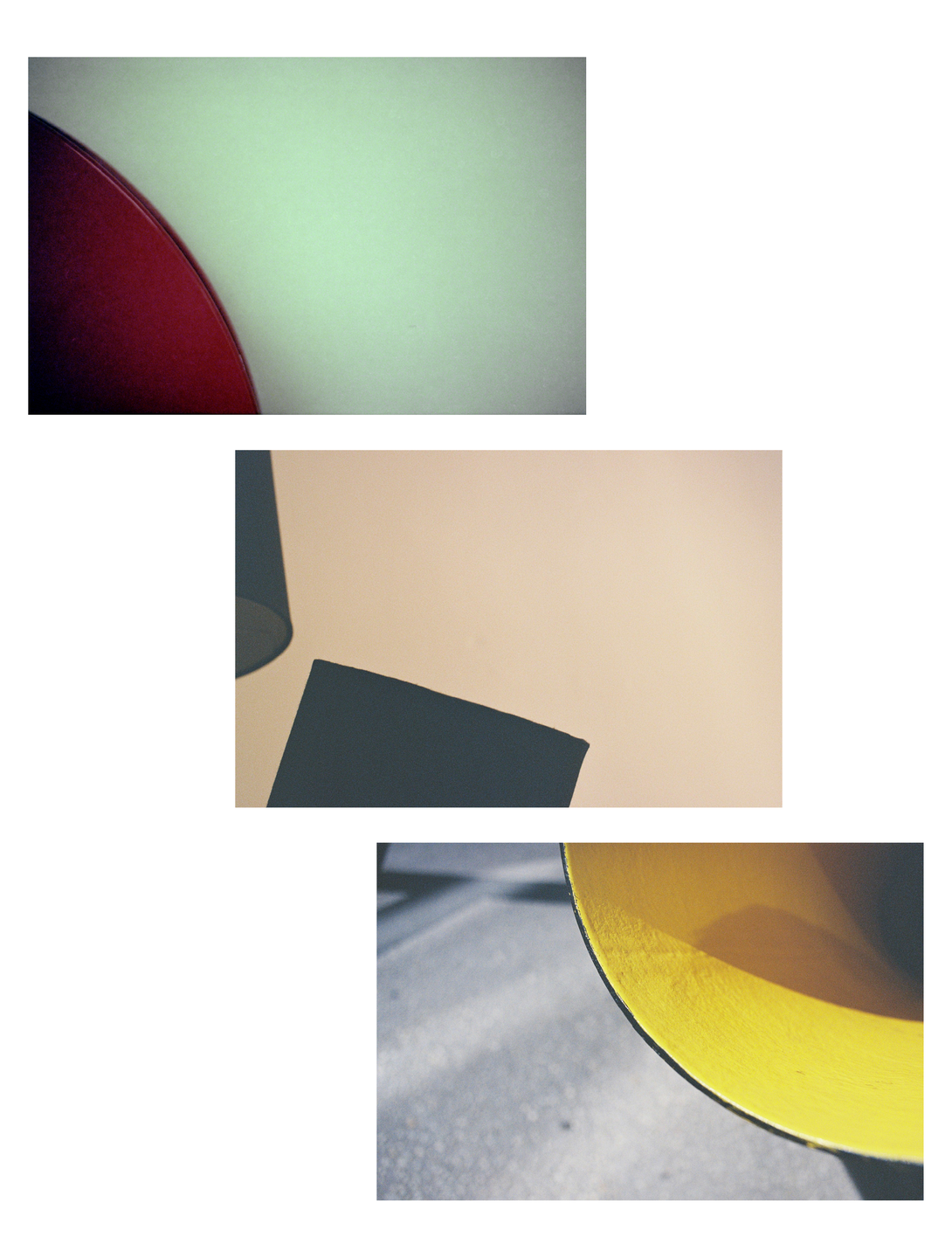 Three abstract compositions are arranged vertically, each featuring a different color and shape.