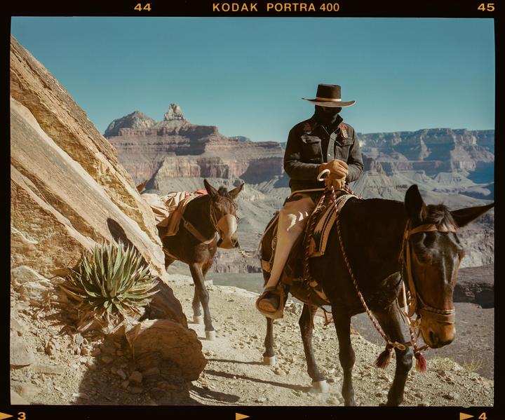 A man on a mule is on a desert trail with mountains in the background.