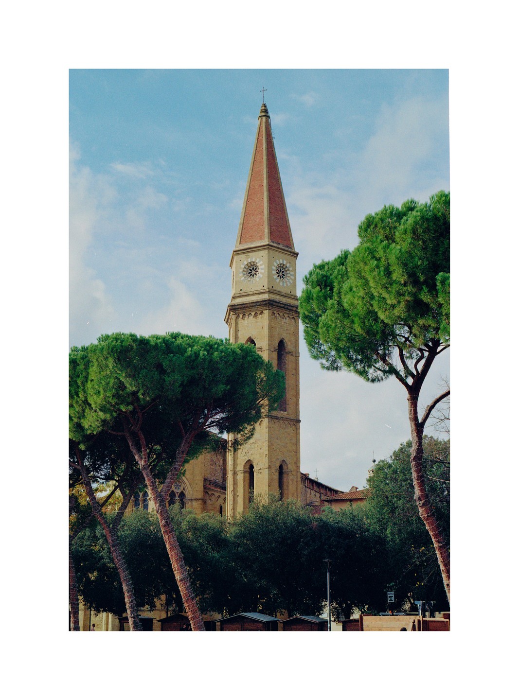 A tall, pointed church steeple with a clock is framed by two large pine trees under a blue sky.
