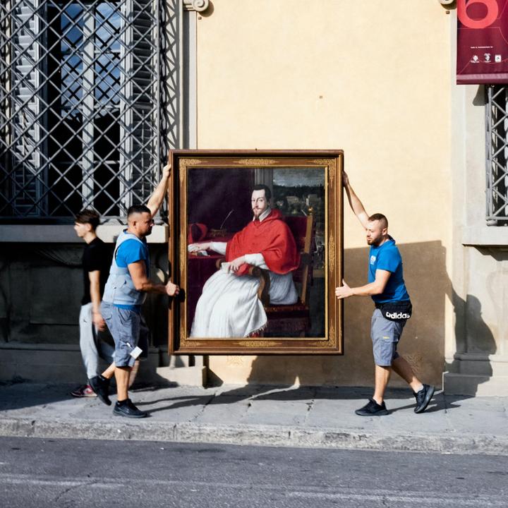 Three men carry a large framed painting of a man in red robes along a sunny street.