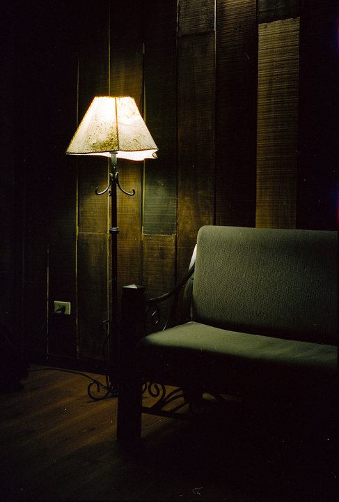 A floor lamp with a patterned shade illuminates a wooden wall and a sofa in a dimly lit room.
