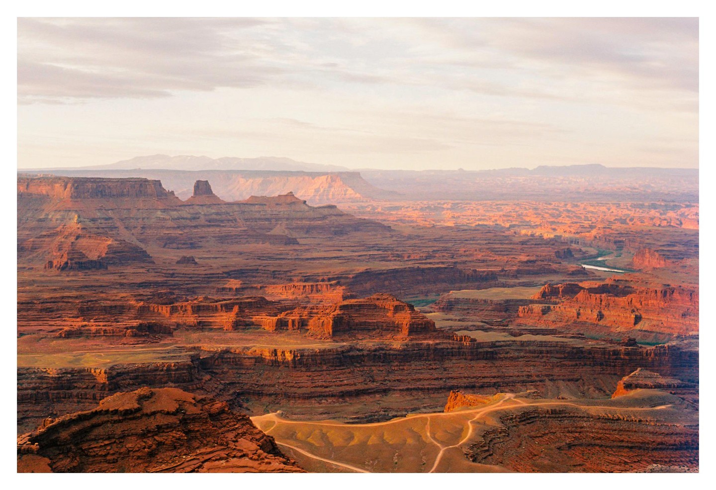 A vast canyon landscape with a winding river is illuminated by the golden hour light.
