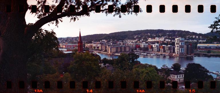 A panoramic view of Tønsberg town shows buildings and a church steeple along a body of water, framed by trees.