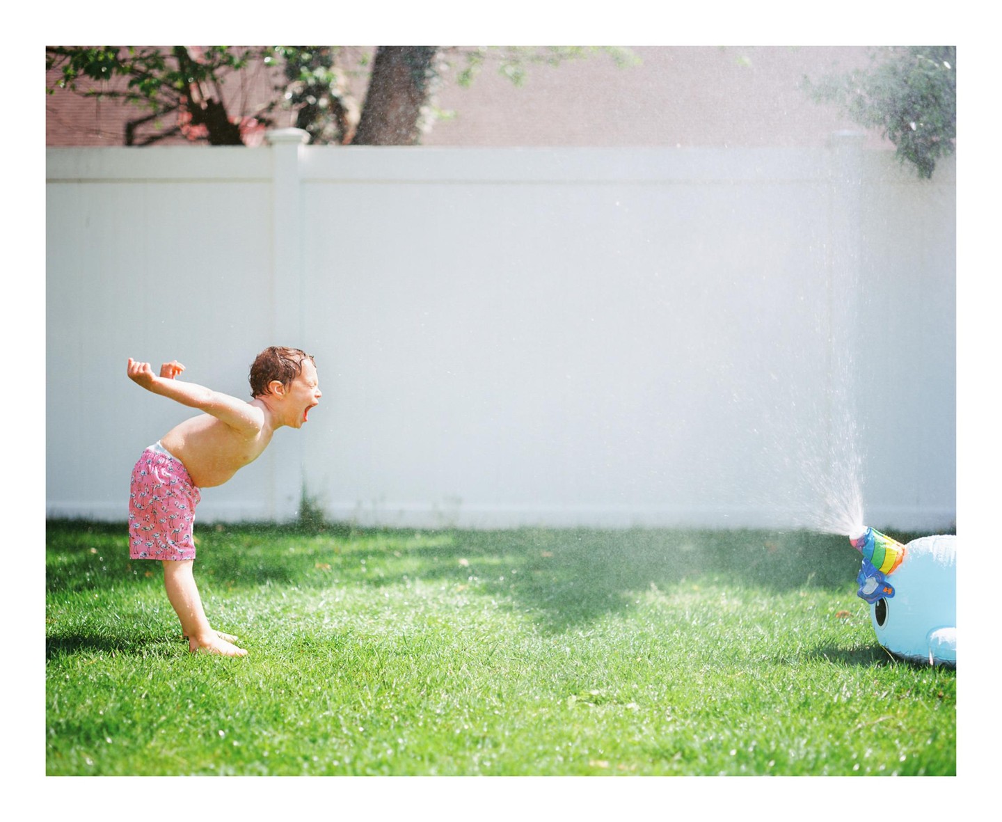 A child in pink swim trunks screams with excitement while playing in a sprinkler on a green lawn.