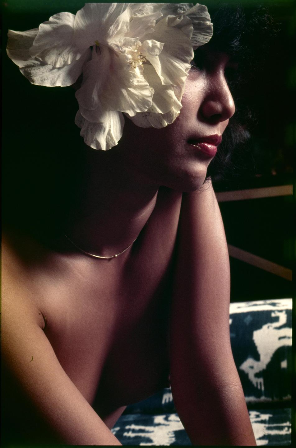 A woman with a large white flower in her hair looks to the right.